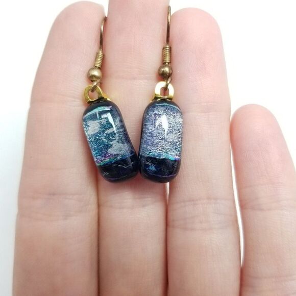 Vintage Blue Black Art Glass Drop Earrings, Small Dangle, Estate - Picture 6 of 6